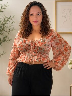 Fashion Nova Peach & Green Floral Smocked Crop Blouse